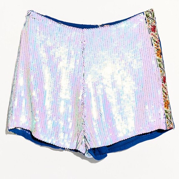 Free People Iridescent Sequin Shorts with Floral Trim - Picture 1 of 5